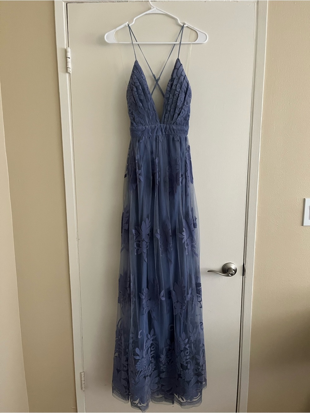 Windsor Slate Blue Floral Tulle Maxi Dress with Spaghetti Straps